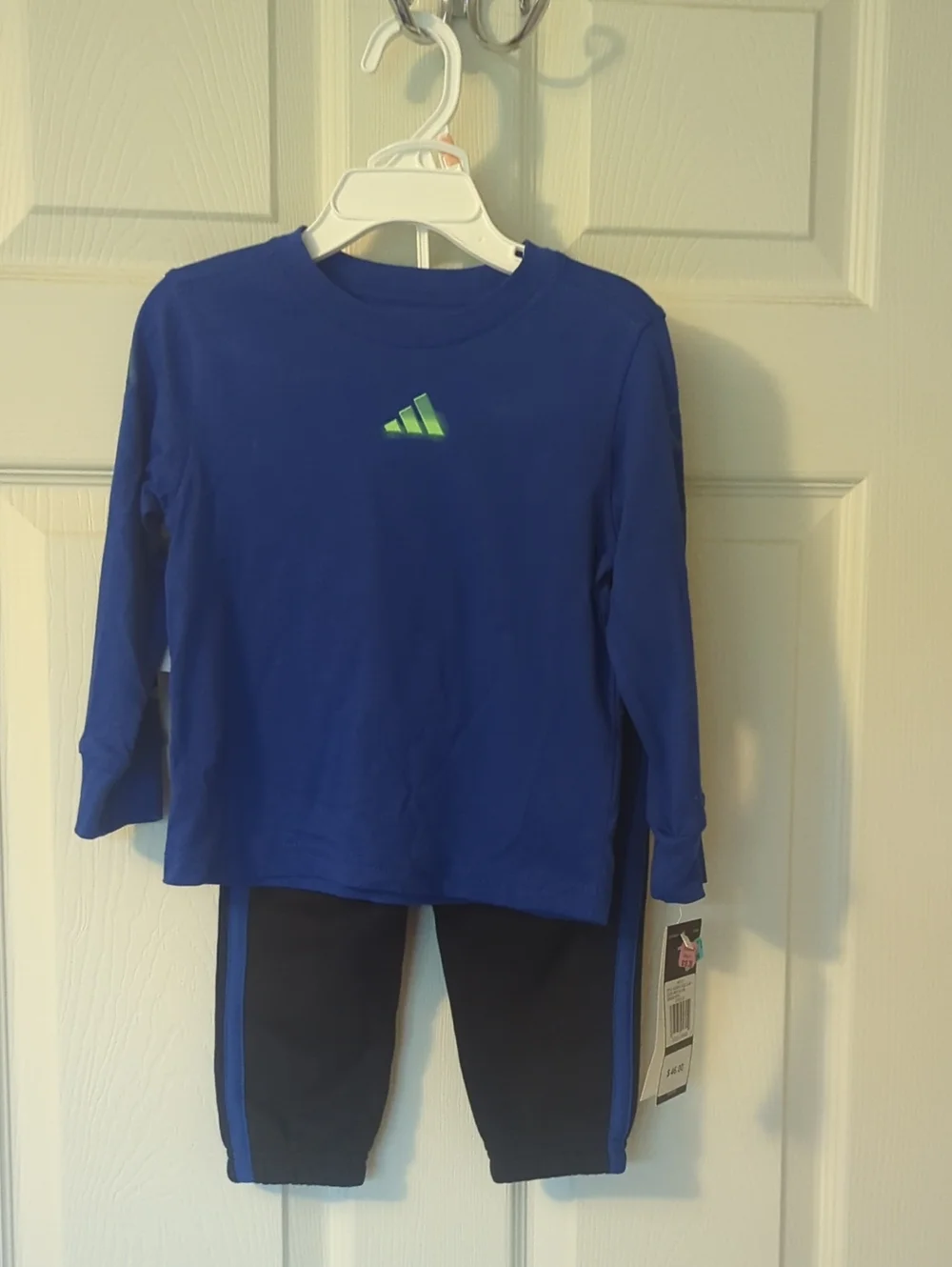 adidas Royal Blue Long-Sleeve Top with Neon Green Logo and Black Pants
